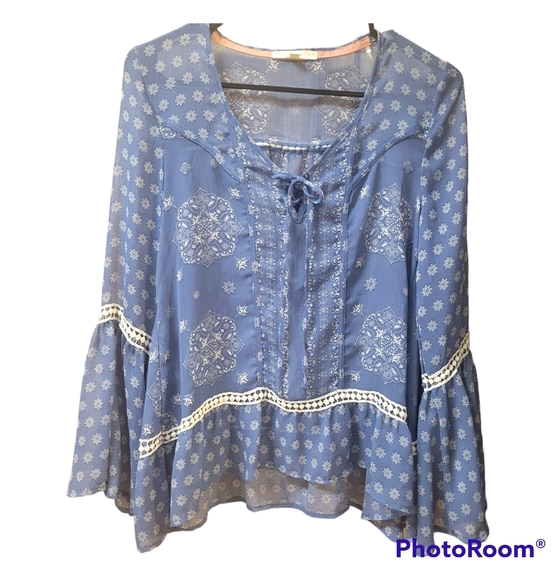 hint of mint Tops - Sheer Blue Boho Blouse Flared Sleeves Hint of Mint Small